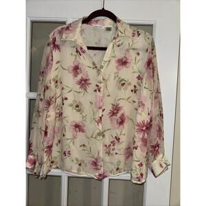 Laura Ashley Silk Pink Floral Print Blouse 16W Snap Closure Elegant